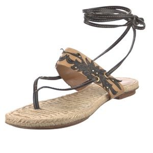 Gucci Leather Lace Up Ankle Wrap Boho Jute Espadrille Sandals